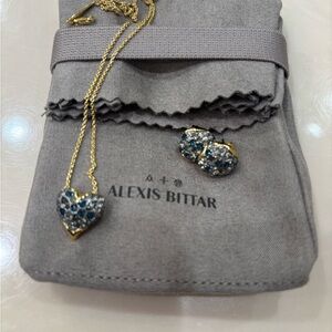 Alexis Bittar Gold and Blue Heart Necklace and Earrings Set